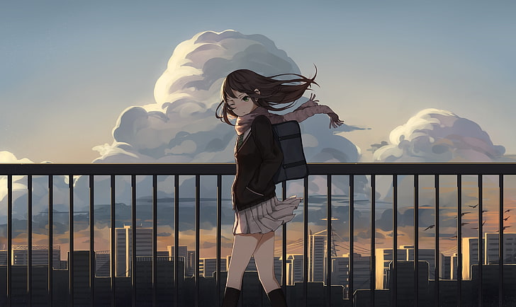 black haired female anime character, Shibuya Rin, long hair, scarf, HD wallpaper